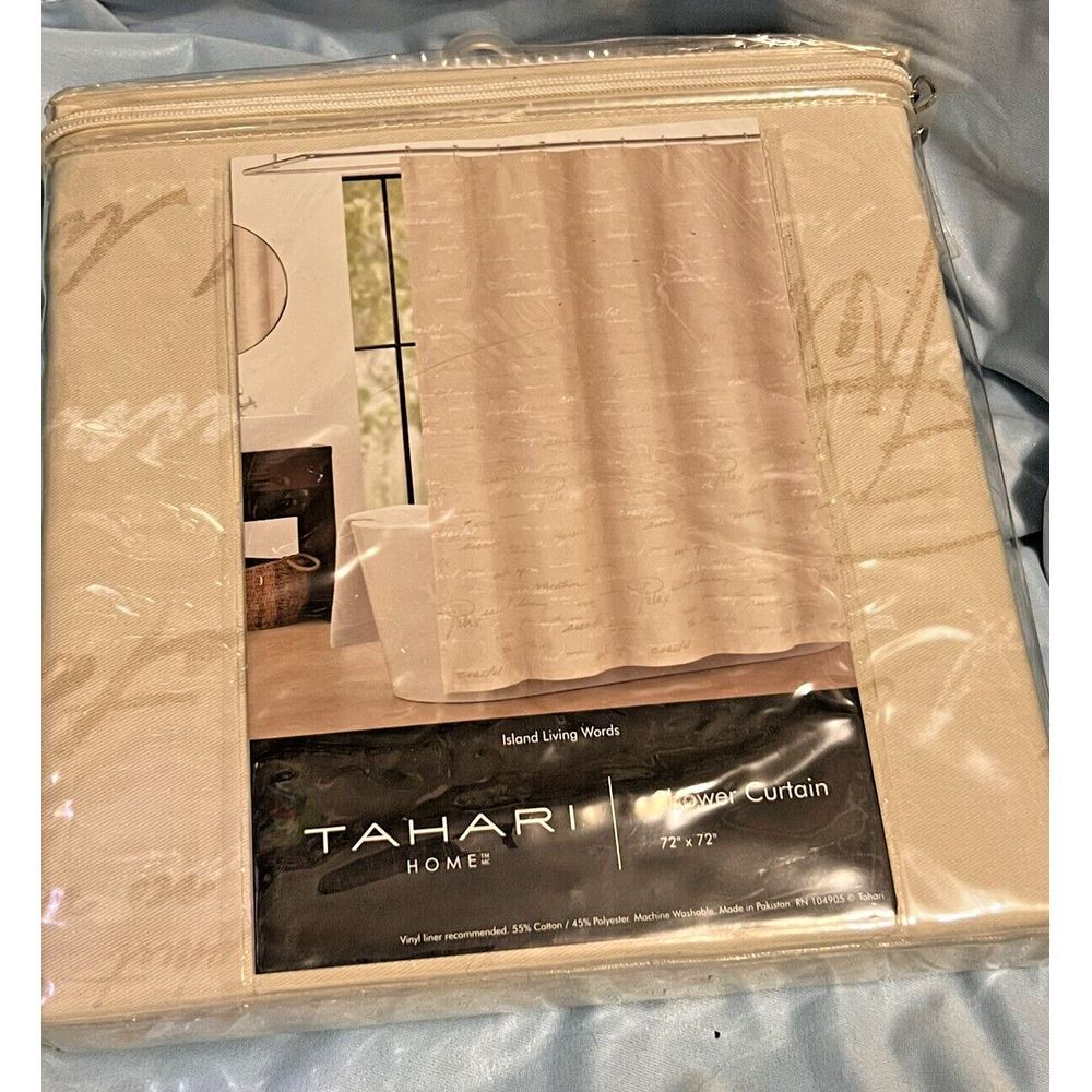 New Tahari Island Living Words Fabric Shower Curtain 72" x 72" Neutral Colors‎
